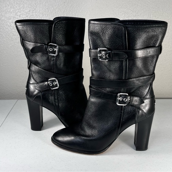 Coach Womens 9 Alexandra Black Leather Mid Calf Heeled Boots Buckle Booties - Picture 12 of 13